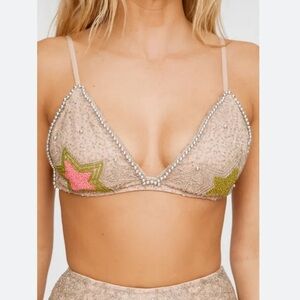 NEW Nasty Gal Embellished beaded Star Bralette bra nude size 6 concert festival